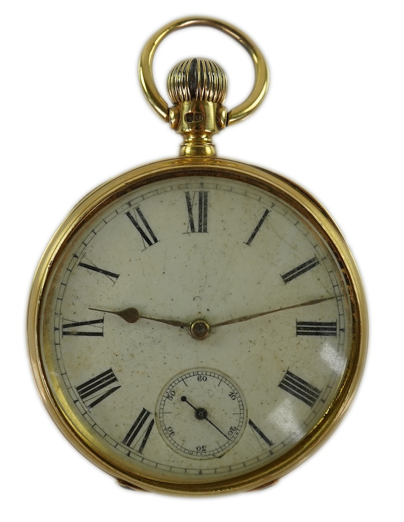A late Victorian engine turned 18ct gold open faced keyless pocket watch by The American Waltham Watch Company